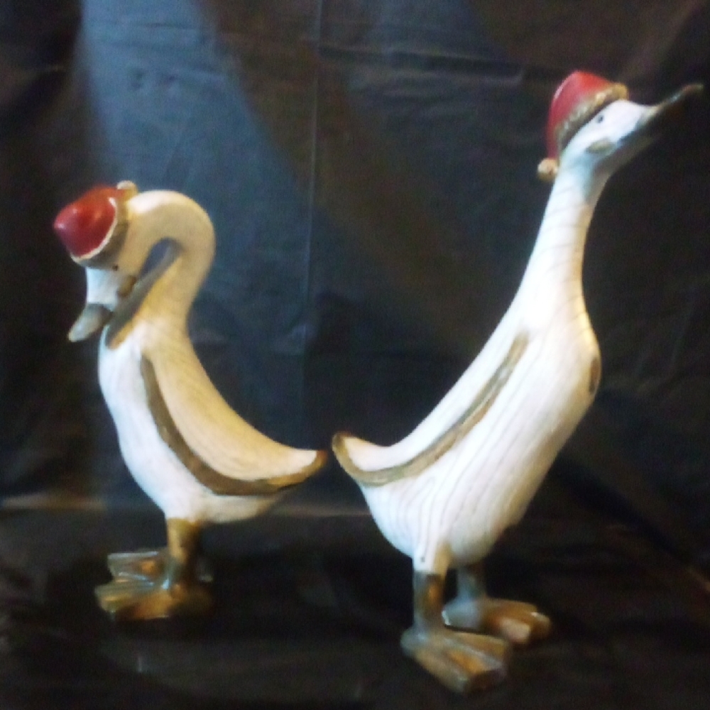 French Christmas Ducks 12" & 9" Wood Carved Vintage Charming